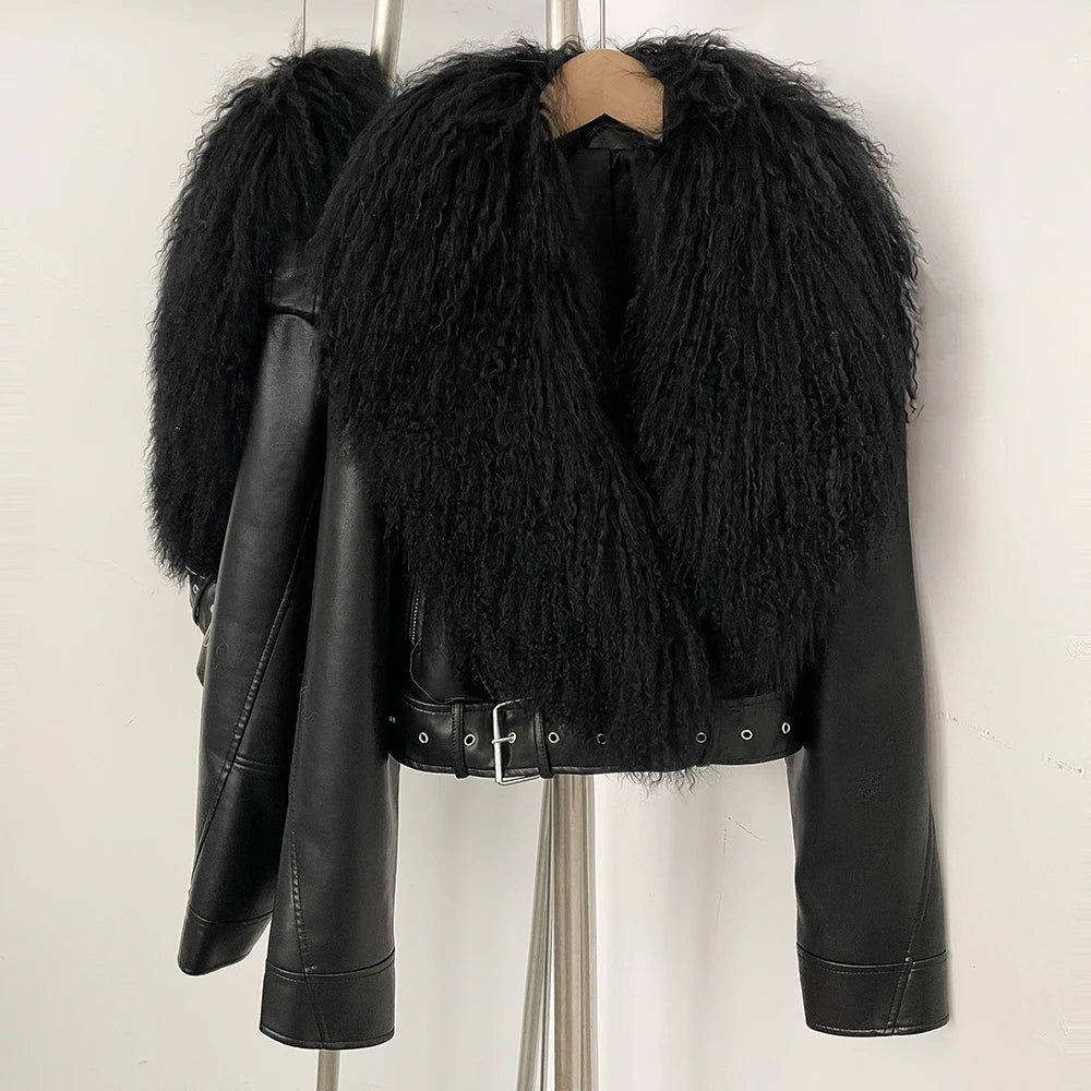 Luxury Natural Mongolian Sheep Fur Coat Women Winter Short Faux Leather Jacket Female Moto Biker Outwear New Coats and Jackets