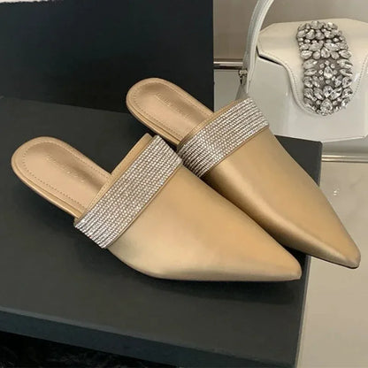 Pointy Toe Mules Women Slides Sandals Luxury Rhinestones Dress Shoes Summer 2025 Low Heel Gold Designer Slippers Ladies Pumps