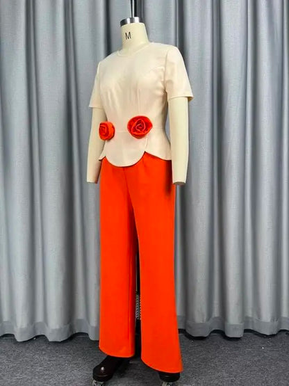 Women Colorblock Jumpsuit O Neck Short Sleeve 3D Flower Peplum Wide Leg Long Pants Elegant African Causal Office Church Outfit