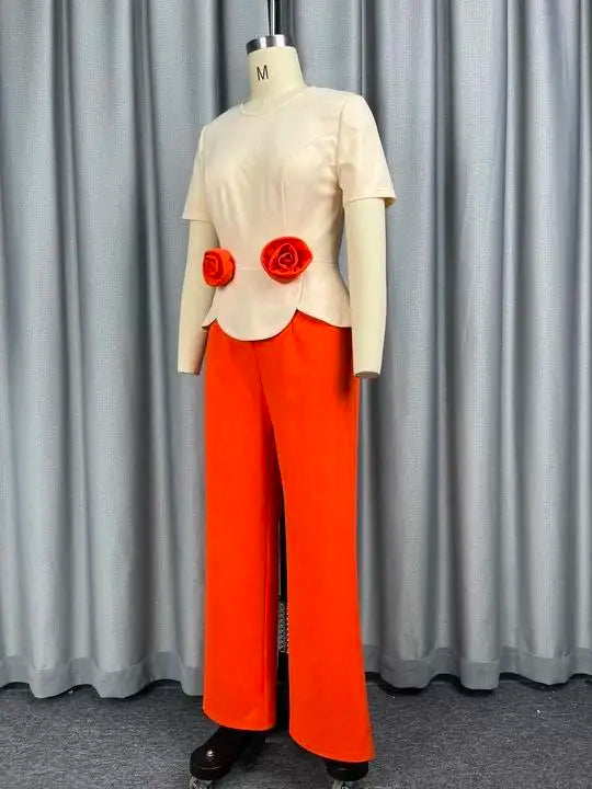 Women Colorblock Jumpsuit O Neck Short Sleeve 3D Flower Peplum Wide Leg Long Pants Elegant African Causal Office Church Outfit