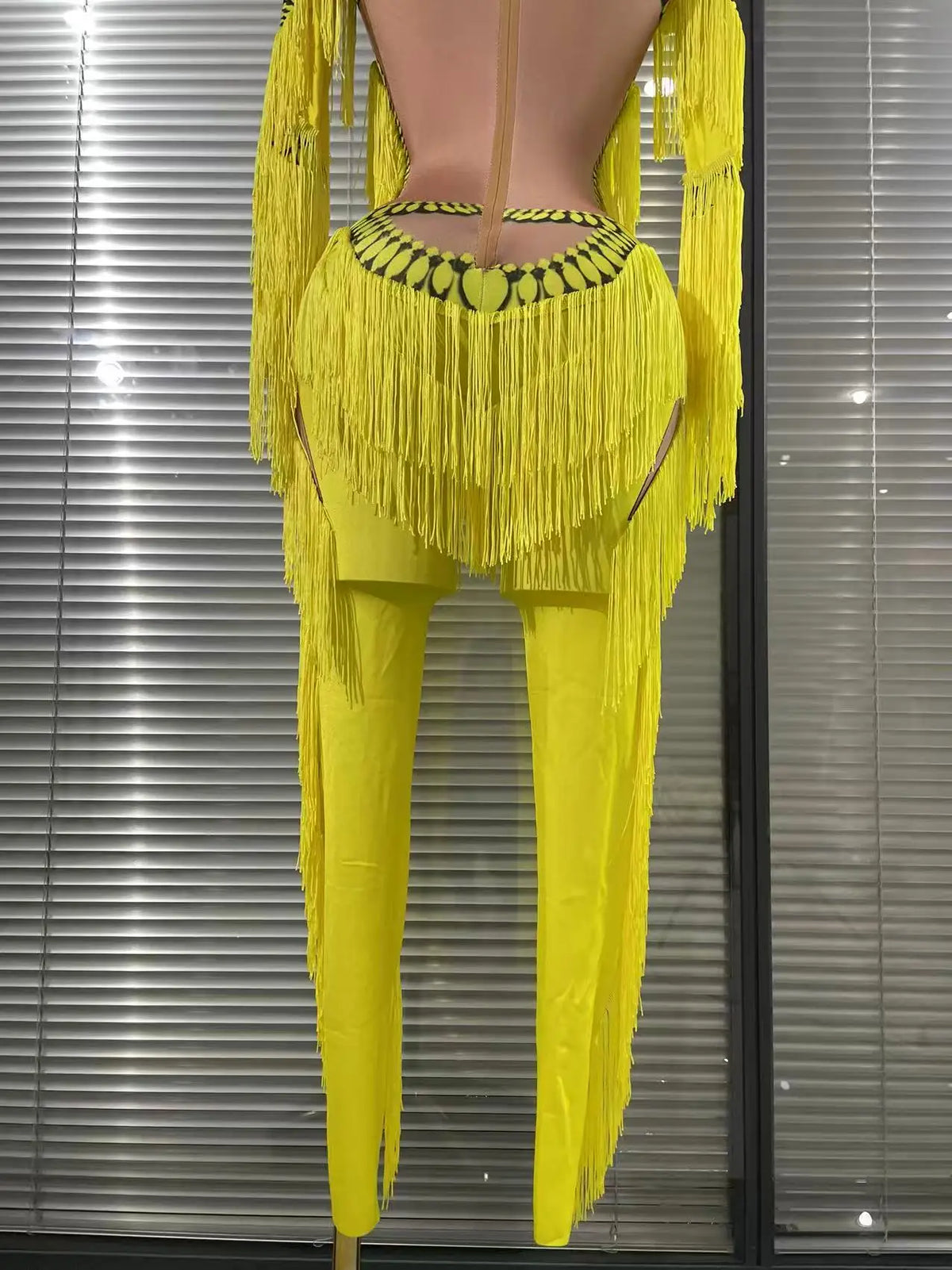 Yellow Tassel Jumpsuit Women Long Sleeve Spandex Skinny Fringe Leotard Sexy Stage Wear DJ Singer Dancer Party Show Costume