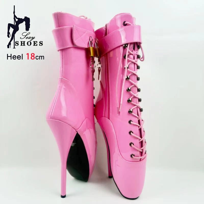 18CM/7Inch Stiletto Super High Heel Lock Wrap Strap Ankle Ballet Boots Fetish Shoes 2025 New Women Pink Sexy Short Booties Mujer