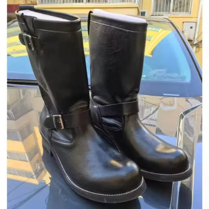 Retro Men's Genuine Leather British Long Chelsae Boots Knee High Buckle Strap Riding Botas Moto Thick Heel Engineer Boots
