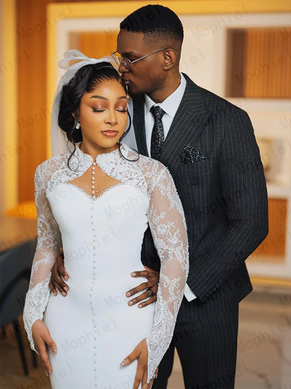 Elegant Africa Wedding Dresses for Bride Long Sleeves Midi Length Courthouse Civil Bridal Gowns Laca Sheath Dress Customized