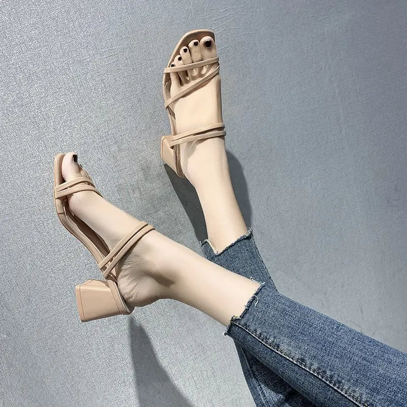 Women Sandals Ladies Square Heels Elegant Summer Slippers Outside Cross Tied Leather Female Slides 2025 Fashion Woman Sandals