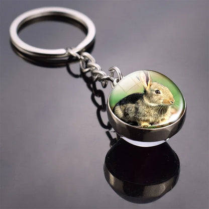 Animals Cute Keychain Cat Dog Bear Peacock Rabbit Squirrel Phoenix Double Side Glass Ball Pendant Keyring Jewelry Key Chain Gift