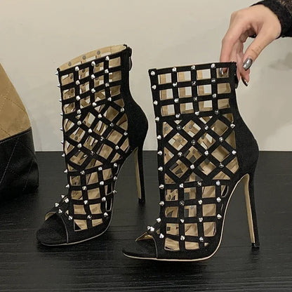 Eilyken 2026 New Street Design Rivet Hollow Out Zipper Ankle Boots Women Sandals Thin Heels Prom Ladies Shoes Botas Mujer