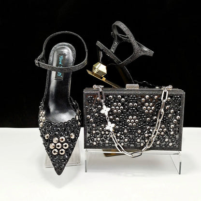 Party Style African Women's Shoes Bags Rhinestone Embellished Pointed Toe Cutout Heels Square Clutch Bag