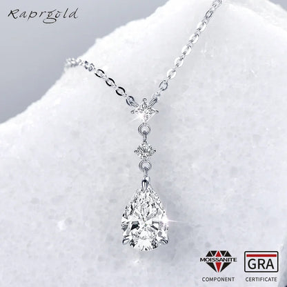 RAPRGOLD 2CT Moissanite Waterdrop Pendant Necklaces 925 Sterling Silver Necklace Chain for Women Girl Wedding Fine Jewelry Gift