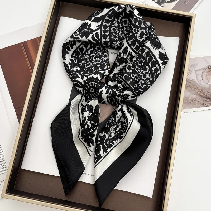 Fashion Bohemian Style Floral Print Women’s Square Silk Scarf Satin Head Wrap Tropical Leaf Flower Design Scarves Bandana Hijab