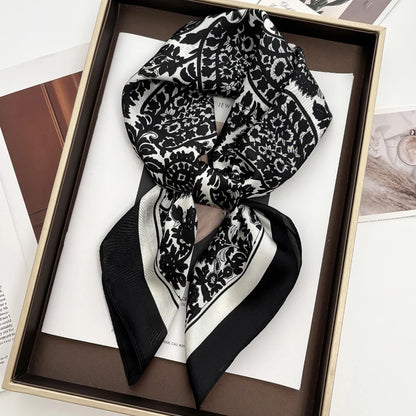 Fashion Bohemian Style Floral Print Women’s Square Silk Scarf Satin Head Wrap Tropical Leaf Flower Design Scarves Bandana Hijab