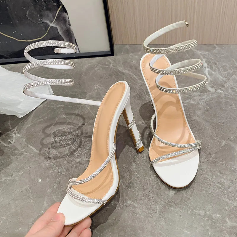 Luxury Crystal Snake Coiled Women Sandals Sexy Narrow band Thin High heels Wedding Party Female Gladiator Sandals Summer Shoes