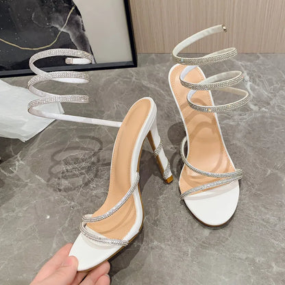 Luxury Crystal Snake Coiled Women Sandals Sexy Narrow band Thin High heels Wedding Party Female Gladiator Sandals Summer Shoes