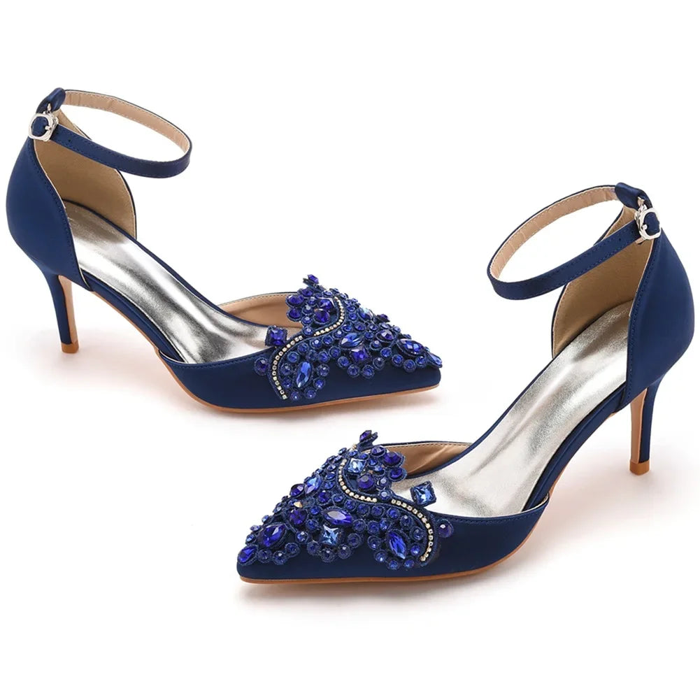 XIHAHA Woman High Heels New Pointed Artificial Diamond Metal Buckle Party Carnival Women's Shoe Satin Girls Banquet Dance Shoes