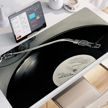 Retro Vinyl Turntable DJ Design Extended Mouse Pad Non‑Slip Rubber Base Tech Style Large Gaming Desk Table Play Mat PC Laptop