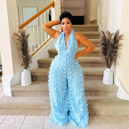 Women Jumpsuits Solid Rompers Neck Mounted Backless V Neck Sleeveless Empire Waist Full Length Wide Leg Pants Loose 2026 Summer