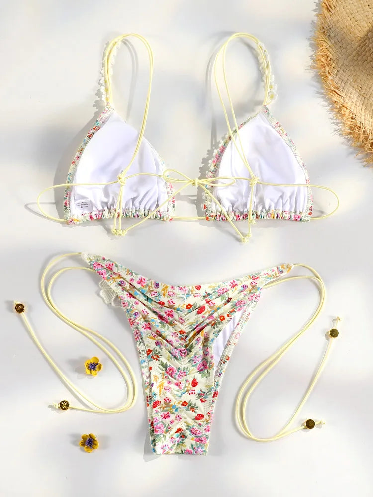Floral Print Bordered Bikini Set Sexy Swimwear Women 2026 Bikinis Swimsuit Micro Thong Bandage Bathing Suits
