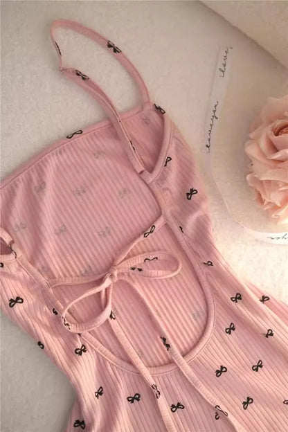 2026 Summer Sexy One-Piece Pajamas for Women Backless with Bow Printed Pink One-Piece Shorts Pajamas Adult Onesie
