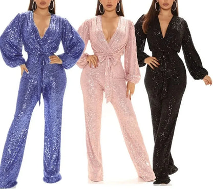 2026 Women's Elegant Sequined Jumpsuit Spring Summer Ladies Bling Bling V-neck High Waist Rompers Overalls with Lantern Sleeve
