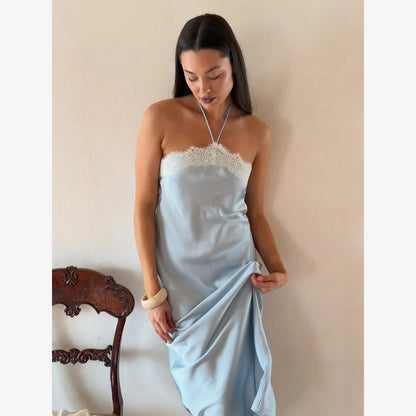 Sexy Blue Satin Lace Slip Mini Dress Women Spaghetti Strap V Neck Hollow Out Bodycon Dresses Lady Summer Beach Short Gown 2026