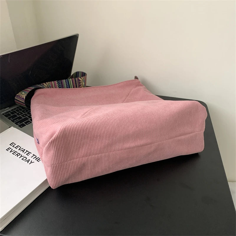 Women Luxury Corduroy Shoulder Bag Large Handbag Big Casual Tote Canvas Lining Solid Cloth Purse Zipper Crossbody Messenger Bags
