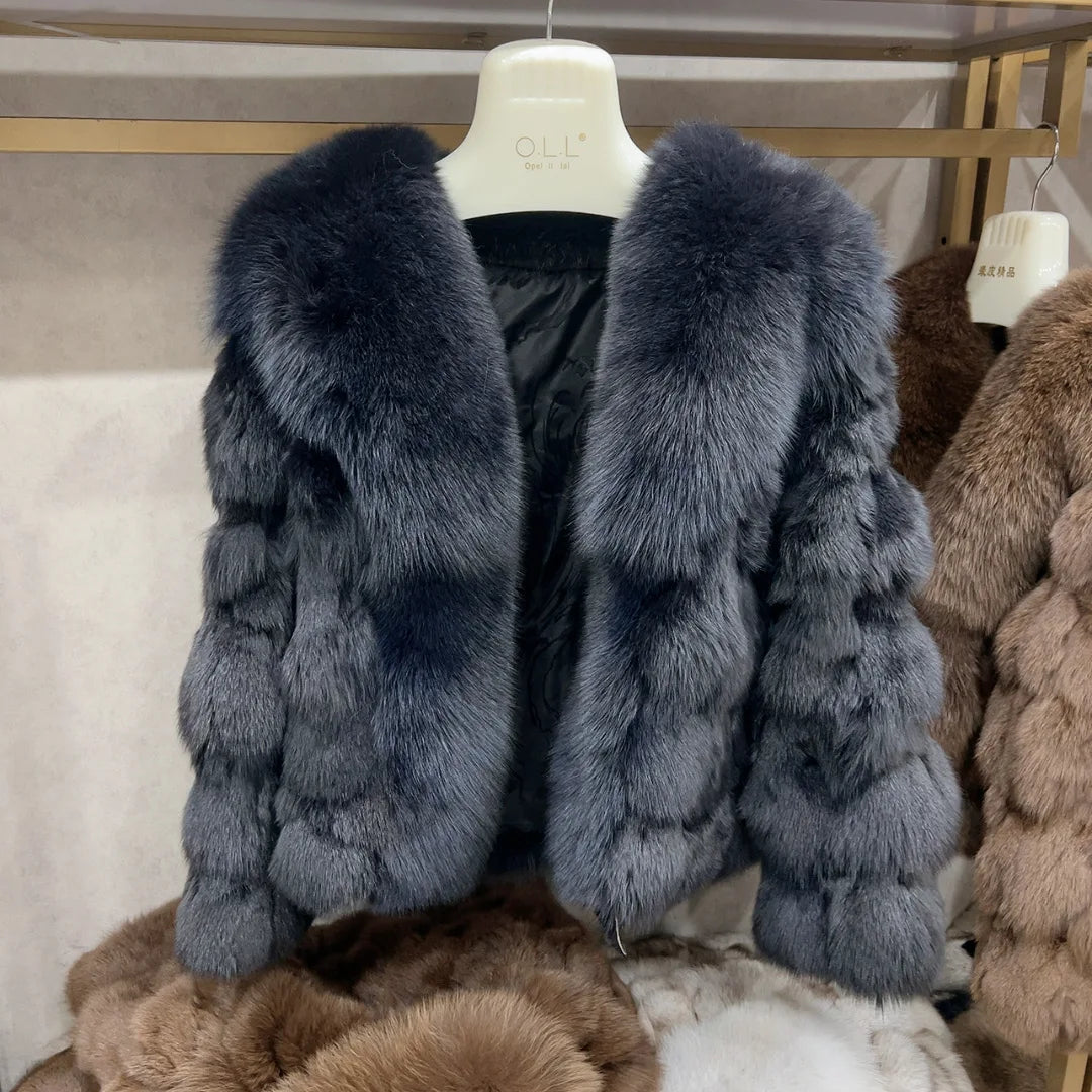 HUA QIU MEI SI Women's Natural Fox Fur Jacket with Fox Collar for Winter Warmth, Short Style Real Fox Fur Leather Jacket