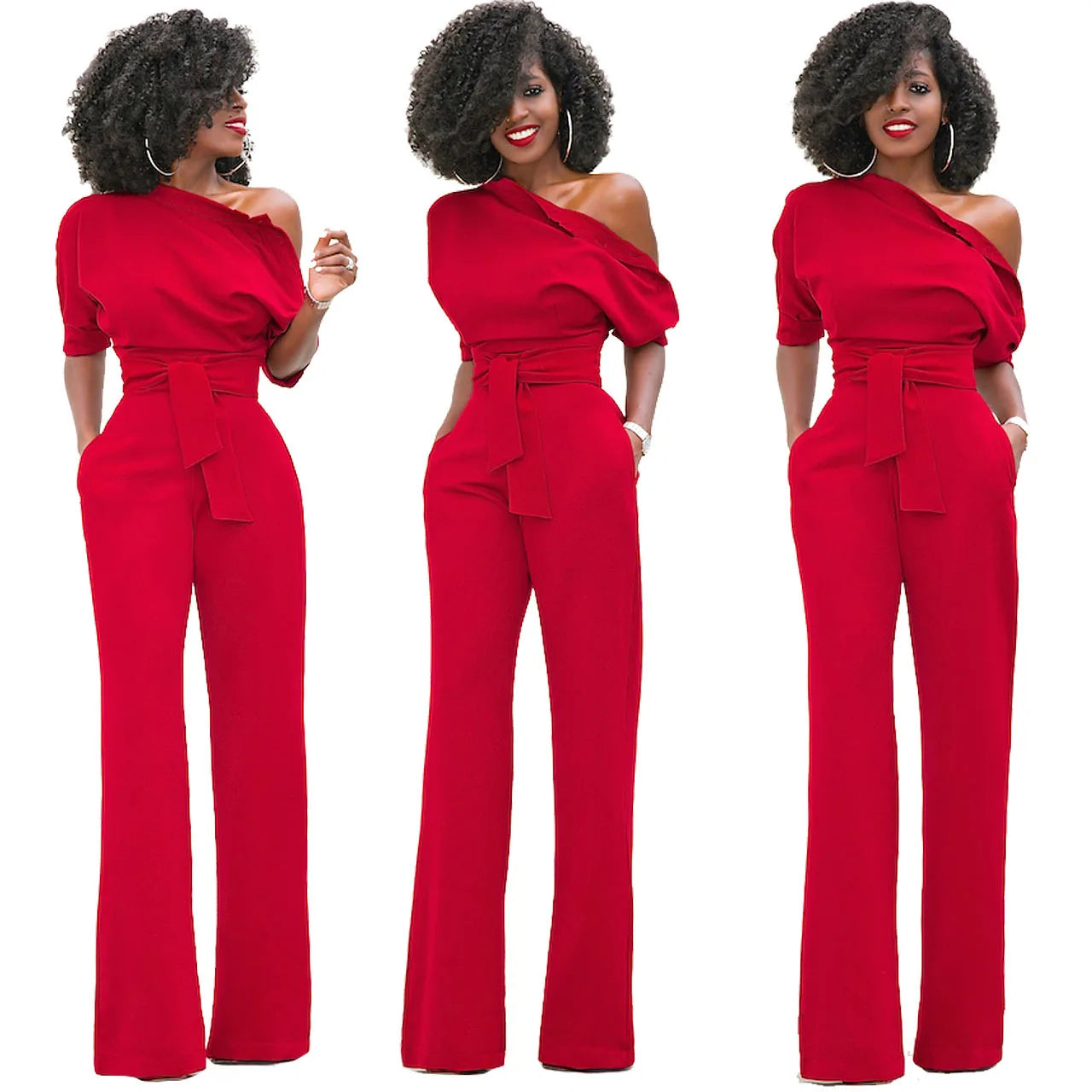 2024 Summer New Fashion Women's Jumpsuit Solid Color Slanted Shoulder Elegant Temperament Sleeveless Long Wide Leg Jumpsuit