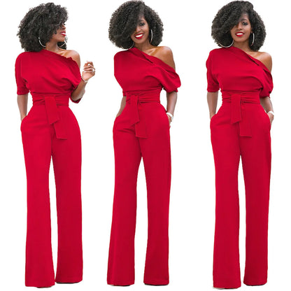 2024 Summer New Fashion Women's Jumpsuit Solid Color Slanted Shoulder Elegant Temperament Sleeveless Long Wide Leg Jumpsuit