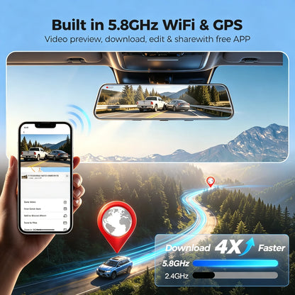 4K+2.5K Mirror Dash Cam with Front IMX678 & Rear, 10" Rear View Mirror Camera, 170° Wide-Angle, Reversing Aid, G-sensor, Looped Recording, Night Vision, 5.8GHz WiFi, External GPS, ADAS & BSD & LCA, 64G TF Card, X10 Pro Max