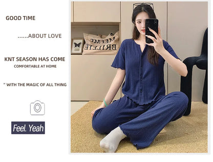 Cotton Fabric Floral Cardigan Printed Pajamas for Women Short-Sleeved Top and Long Pants Sleepwear Homewear Set Ladies Nightwear