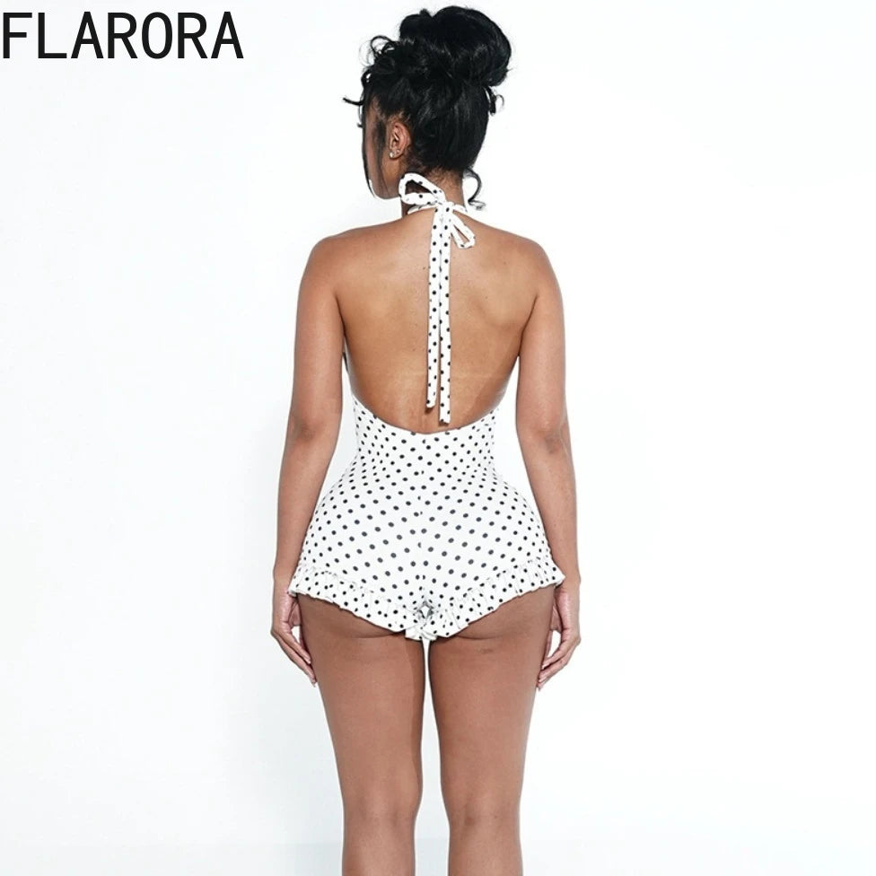 FLARORA Hottie Polka Dot Print Rompers Woman Sexy Halter V Neck Bandage Backless Skinny Ruched Playsuits Sweet Trend Streetwear