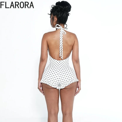 FLARORA Hottie Polka Dot Print Rompers Woman Sexy Halter V Neck Bandage Backless Skinny Ruched Playsuits Sweet Trend Streetwear