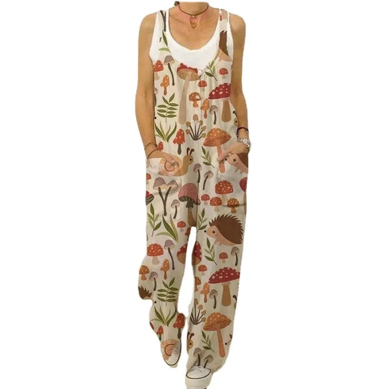 Women's Sleeveless Jumpsuit 2022 Summer Boho Floral Wide Leg Long Pants Rompers Ladies Strap Plus Size Casual Loose Bib Trousers