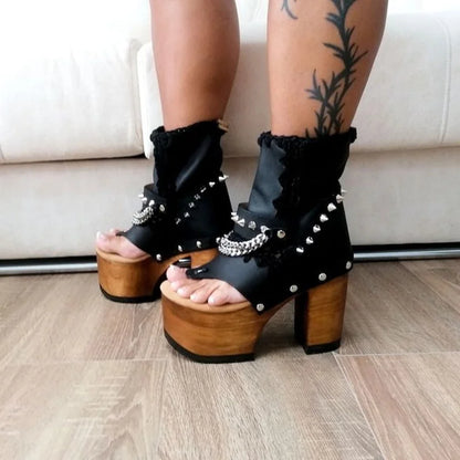 Black Chain Hollow Platform Sandals Chunky Heel Peep Toe Fashion Sexy Cool 2025 Summer Big Size Woman Shoes Zapatillas Mujer