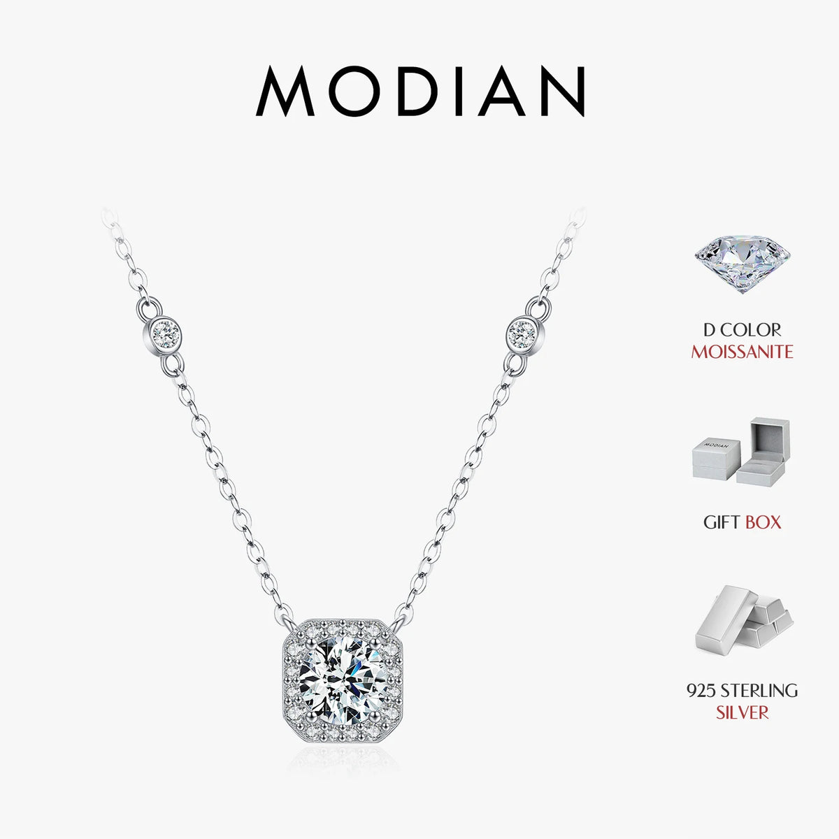 MODIAN Moissanite Necklace for Woman Wedding Fine Jewely with Certificates 925 Sterling Sliver Square Classic Pendant Necklace