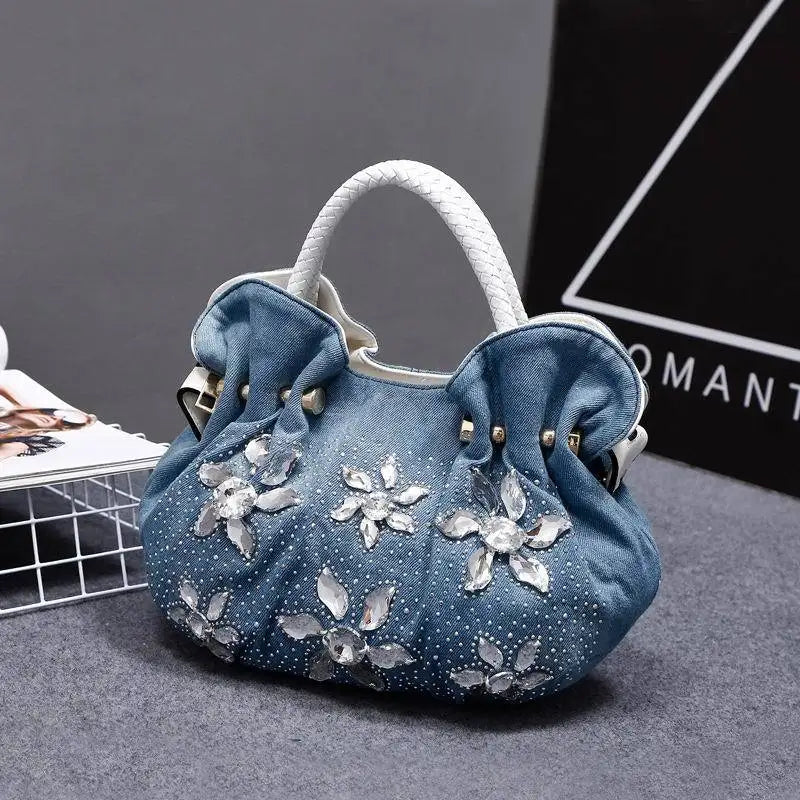 New Luxury Women Denim Bags Sweet Blue Pattern High Quality Handbags With Purses Diamond Ladies Tote Bag Messenger Bags