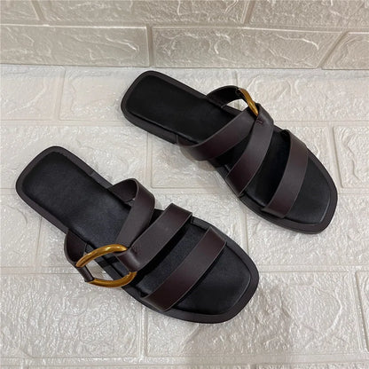 Metal Ring Summer Half Slippers Women Flat Beach Shoes Casual Outside Slides Black Designer Gladiator Sandals Luxury Footwear