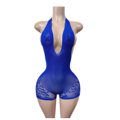 Sexy Halter V-neck Lace Romper for Woman Jumpsuit Short Rave Festival Clothing Sleeveless Backless Club Party Playsuit Body Suit