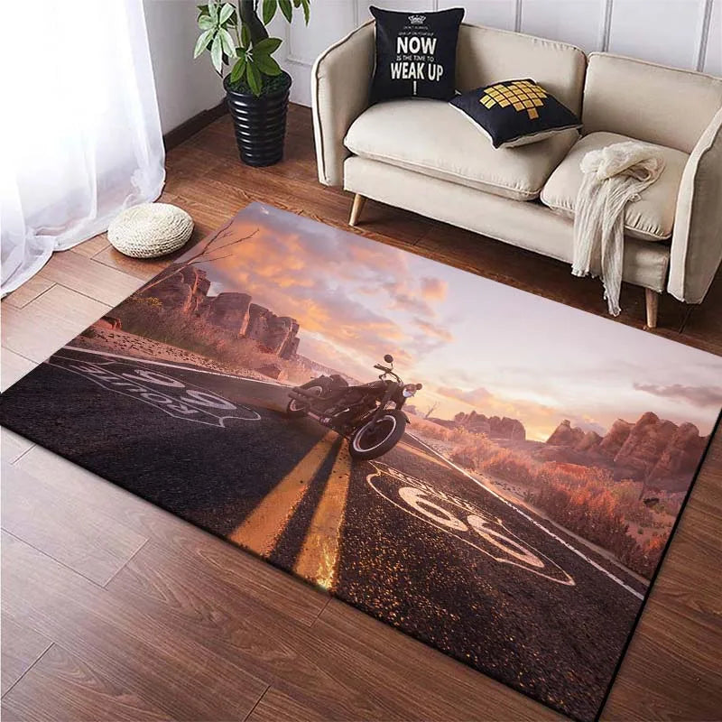 Route 66 Motorcycle Pattern Print Flannel Area Rug Americana Theme Soft Comfortable Floor Mat For Living Room Bedroom