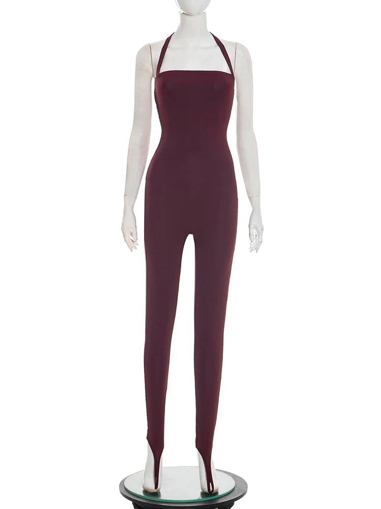 Weird Puss Hipster Backless Jumpsuit Women Halter Lace-Up Low Chest Sexy Solid Midnight Activity Stretch Slim Streetwear Overall