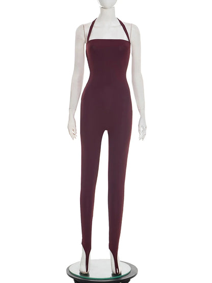 Weird Puss Hipster Backless Jumpsuit Women Halter Lace-Up Low Chest Sexy Solid Midnight Activity Stretch Slim Streetwear Overall