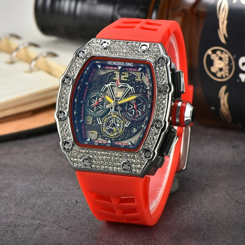 Hengbolong quartz watch men's popular wine barrel diamond-encrusted watch six-pin multi-function running second watch