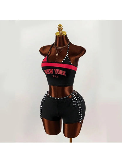 2026 new summer American retro sports Y2K hanging neck shorts two-piece set punk street trend fashion ins personality spicy girl