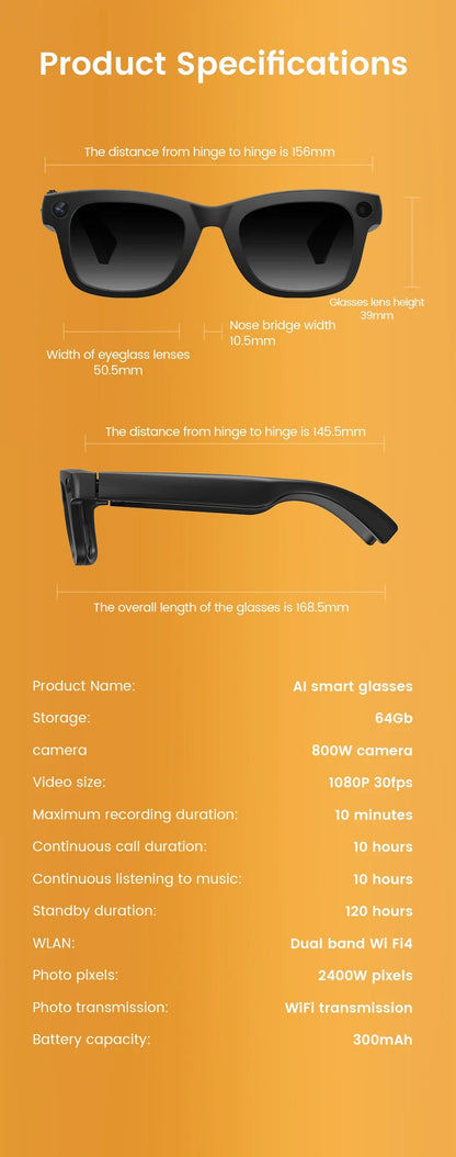 Smart Glasses with EIS Anti-shake 1080P Shooting Real-time Translation of Conversations Photos Long-lasting Music Smart Glasses