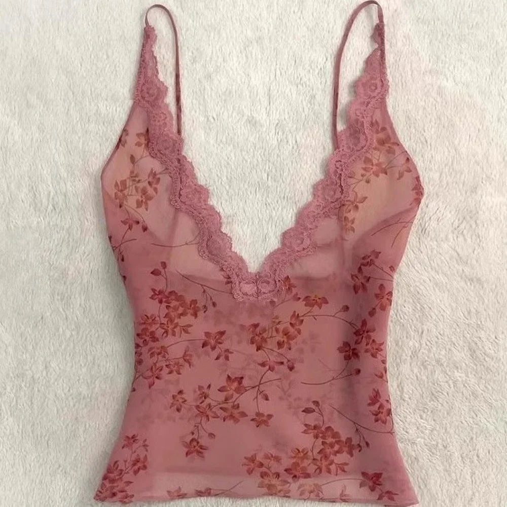 Summer Woman Floral Halter Lace Blouse Vintage Sexy Slim Fairy Korean Fashion Female Tops Outfits Elegant Style Camisole Vest