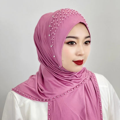 2026 Fashion Versatile Beaded Hijab for Women,Mid-Length Convenient Pull-over Hat Scarf,Malay Shawl Pure Color Women's Headscarf