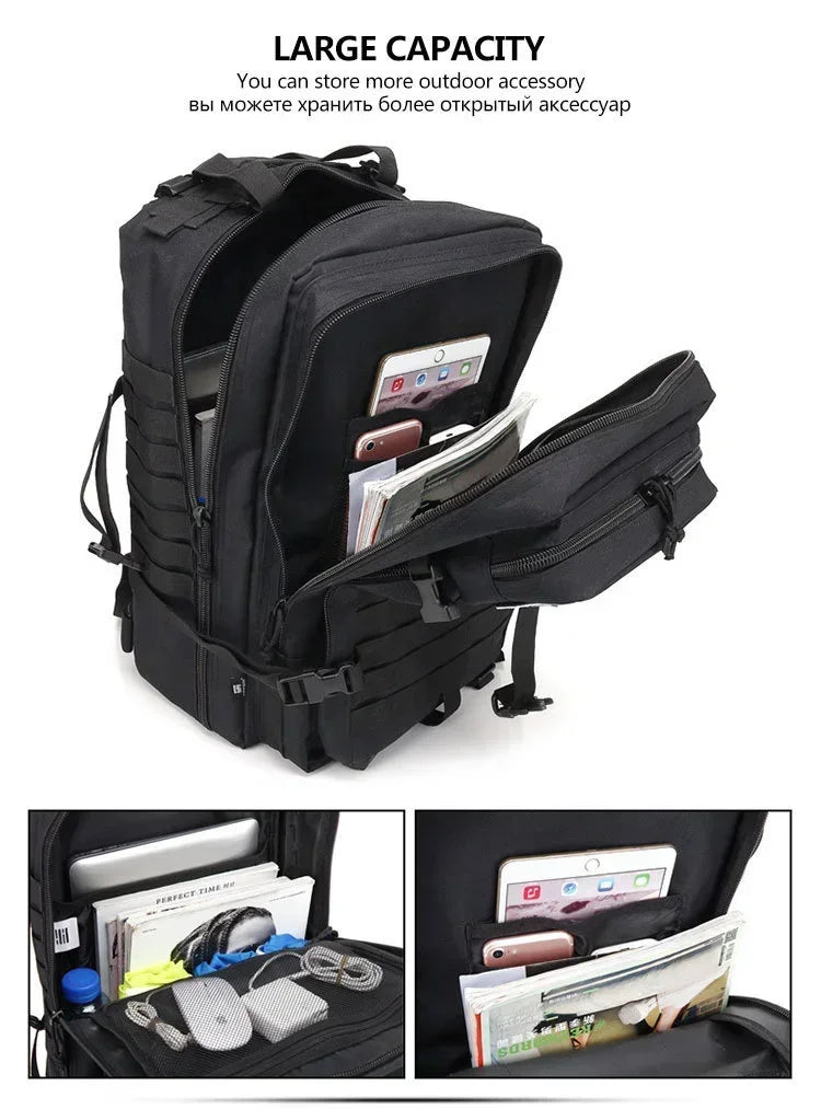 45L Tactical Fishing Backpack Molle Water Resistant Outdoor Tackle Bag Large Capacity Storage Camping Hiking Travel Rucksack Trekking Men Women Anglers Fishermen Rod Reel Gear Durable Multi Pocket Wear Resistant Lake River Se