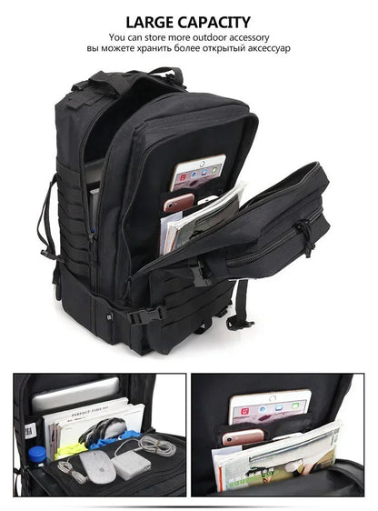 45L Tactical Fishing Backpack Molle Water Resistant Outdoor Tackle Bag Large Capacity Storage Camping Hiking Travel Rucksack Trekking Men Women Anglers Fishermen Rod Reel Gear Durable Multi Pocket Wear Resistant Lake River Se