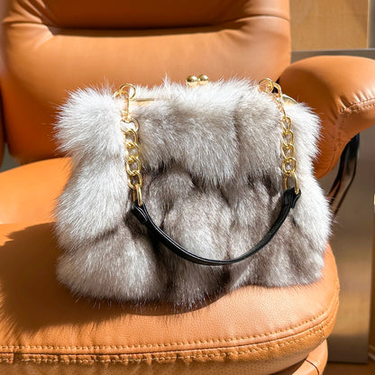Real Fur Women Handbags Women Luxury Fox Fur Bag Fashion Female Furry Handbag Real Leather Evening Bag Natural Fur Shoulder Bag