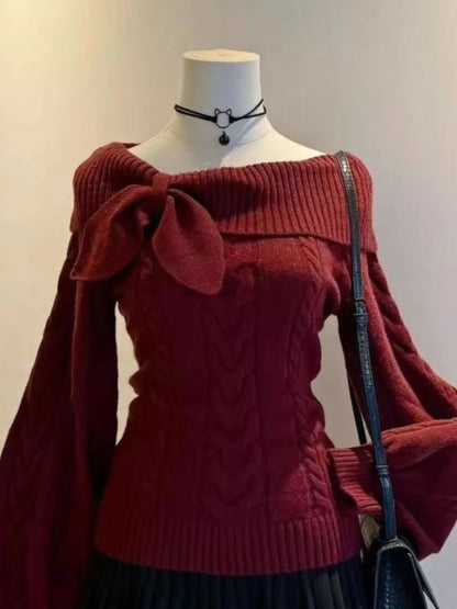 Sweet Daily Streetwear Japanese Women Slim Fit Off Shoulder Knit Jumper Soft Long Sleeve Fashion Pullover Sweater